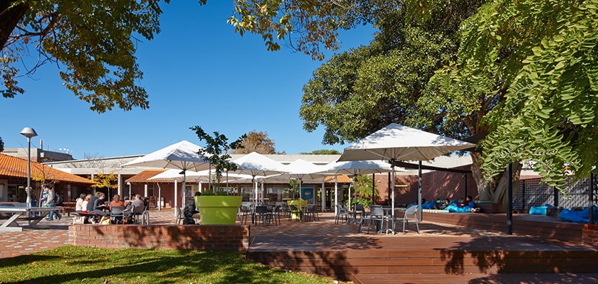 Curtin University cafe and courtyard.