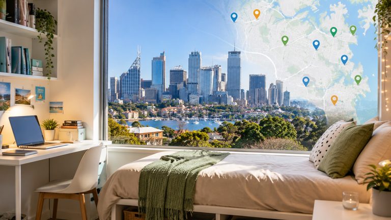 Student bedroom with desk, Sydney skyline view and map pins showing Sydney suburbs where international students live cheaply.
